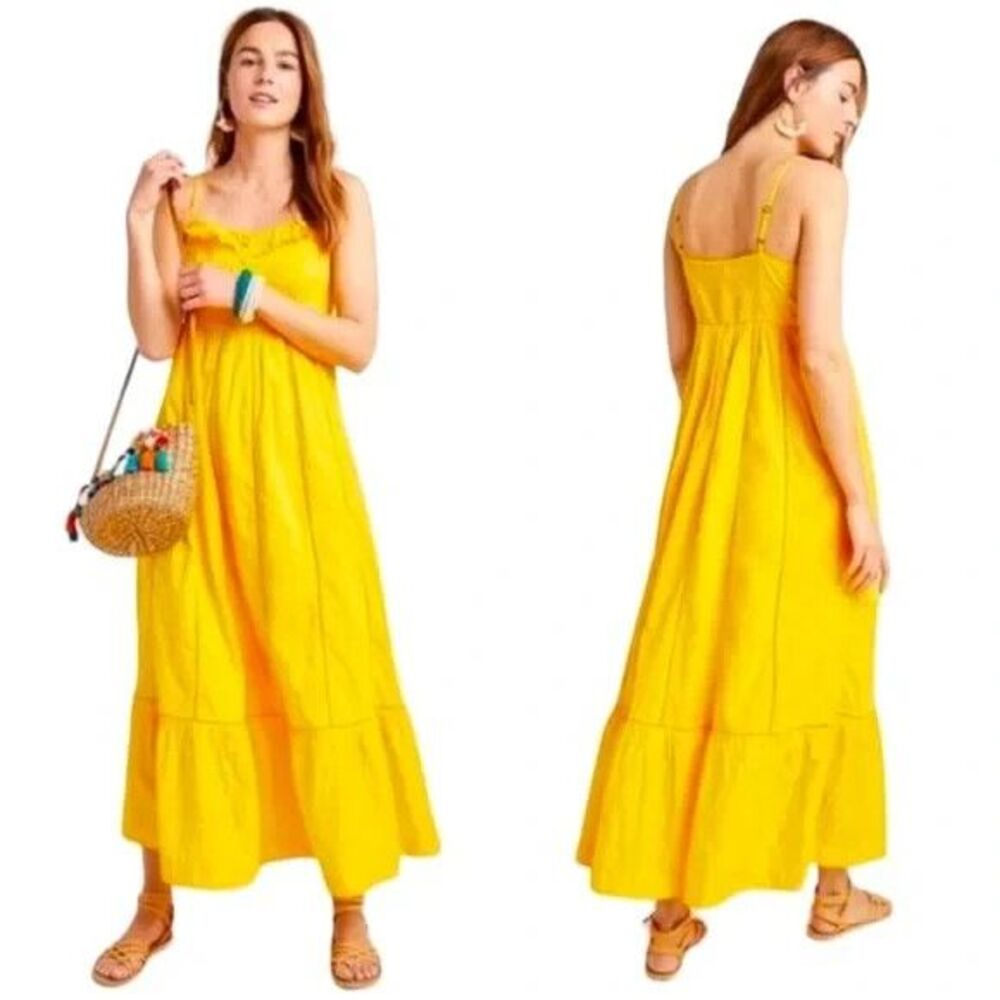 Anthropologie Maeve Arcadia Yellow Maxi Dress Ruffle Eyelet Sundress Size 4